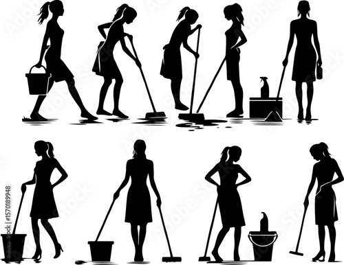 collection of vector silhouettes illustration of sexy office boy female waiter design doing cleaning work