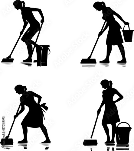 collection of vector silhouettes illustration of sexy office boy female waiter design doing cleaning work