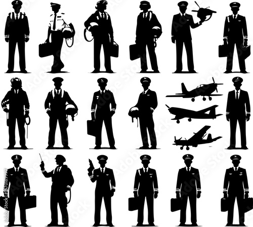 collection of vector sketch design illustrations of commercial airplane pilot silhouettes carrying passengers