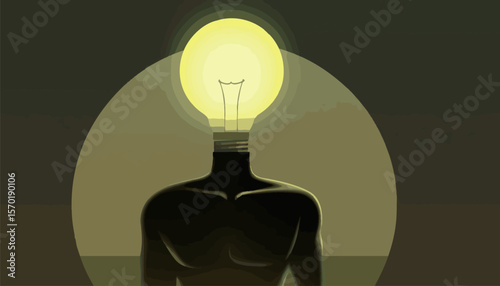 Surreal Human Body with Glowing Light Bulb Head – Symbol of Idea and Creativity