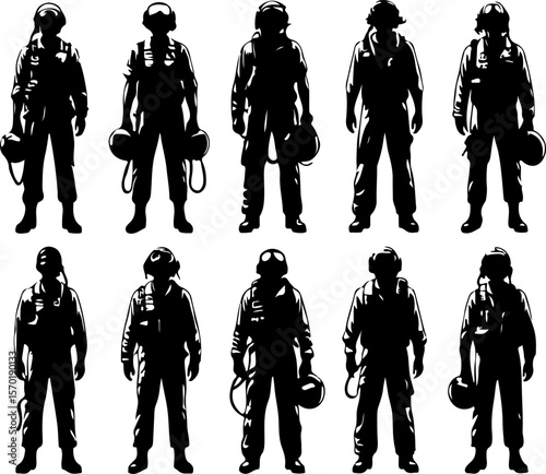 collection of vector sketch design illustrations of fighter plane pilot silhouettes for air war