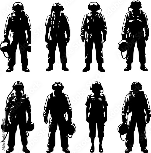 collection of vector sketch design illustrations of fighter plane pilot silhouettes for air war 