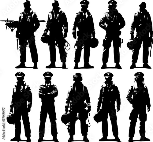 collection of vector sketch design illustrations of silhouettes of fighter and commercial aircraft pilots in the air 