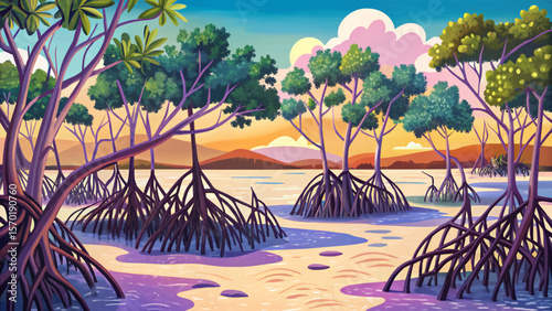 Mangrove forest at low tide showcasing exposed roots and tidal flats. Ideal for themes of coastal ecology, environmental conservation, and tropical wetland habitat