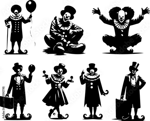 silhouette sketch vector illustration collection of clown entertainer images with long shoes