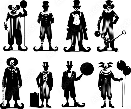 silhouette sketch vector illustration collection of clown entertainer images with scary smile