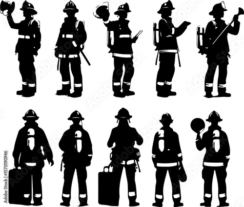 silhouette sketch vector illustration collection of images of firefighters with safety equipment 