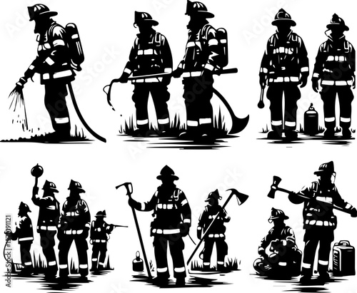 silhouette sketch vector illustration collection of images of firefighters with safety equipment 