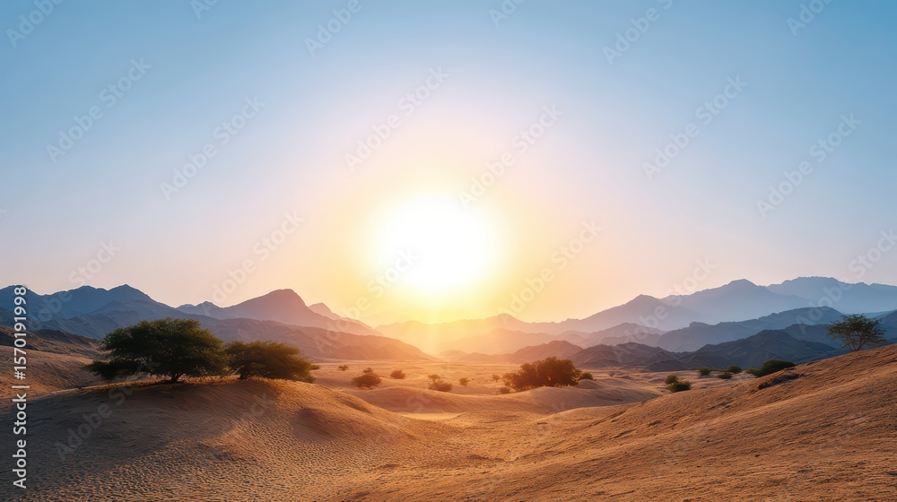 Fototapeta premium Serene Sunrise Over Desert Landscape with Rolling Sand Dunes and Mountains Under Clear Blue Skies