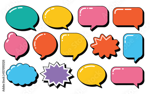 Colorful Sticker Speech Bubble Set – Bright Vector Chat Balloons in Various Shapes – Fun Decorative Elements for Messages, Notes, Social Media, and Communication Design

