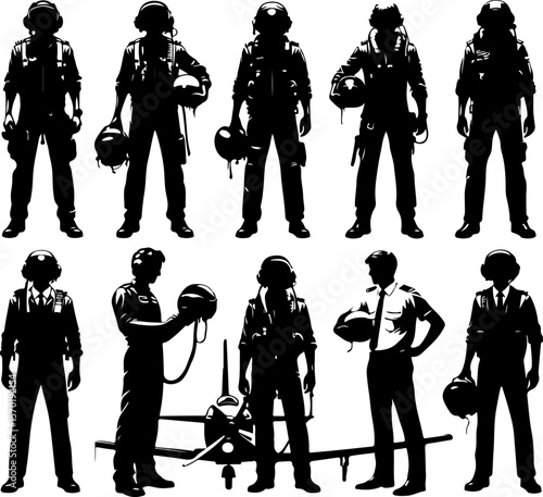 collection of vector sketch design illustrations of silhouettes of fighter and commercial aircraft pilots in the air