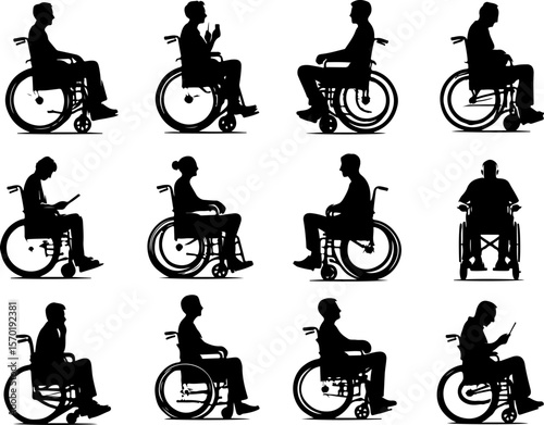 collection of vector sketches of illustrations of silhouettes of disabled people using wheelchairs
