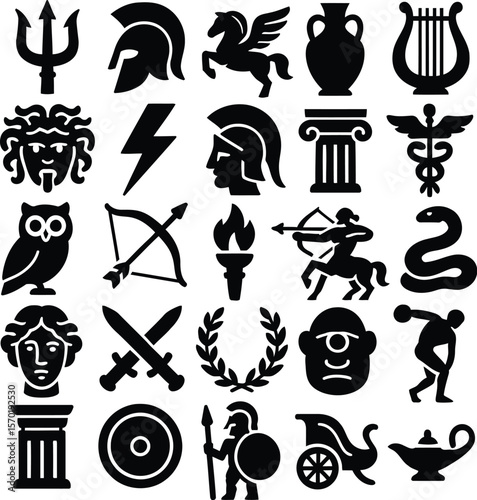 Ancient Mythology Icons. Bold Black Silhouettes of Greek and Roman Symbols, Gods, Goddess, Heroes and Legendary Objects in Solid Vector Style Editable Icon Set Collection.