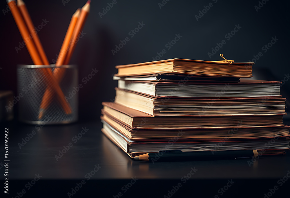 Naklejka premium Stack of old books with orange pencils in a holder on a dark background