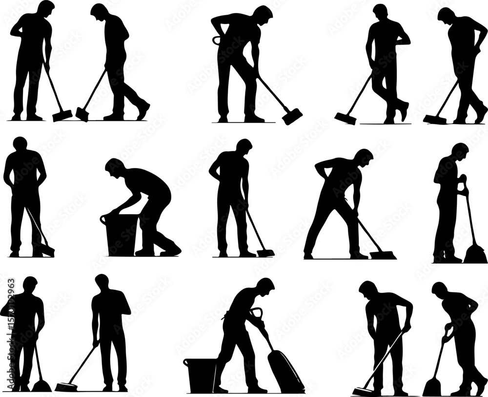 Naklejka premium silhouette collection vector illustration design office boy waiter cleaning the floor