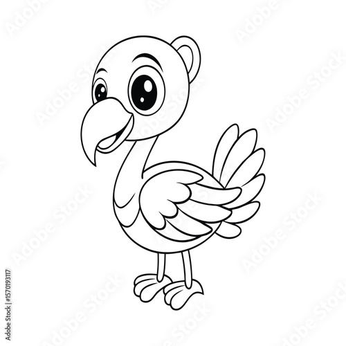 A baby flamingo standing with a cute pose for kids coloring book vector illustration.