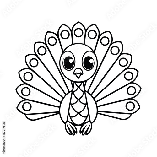 A baby peacock showing its small feathers for kids coloring book vector illustration.
