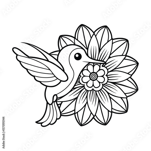 A baby hummingbird flying near a big flower for kids coloring book vector illustration.