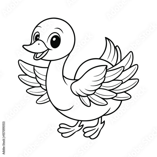 A baby goose waddling with flappy wings for kids coloring book vector illustration.