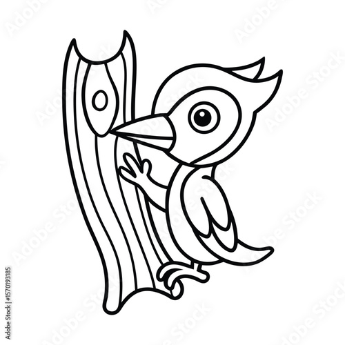 A baby woodpecker tapping on a tree trunk for kids coloring book vector illustration.