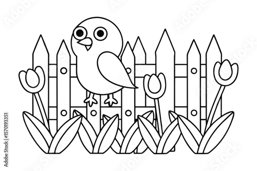 A bird sitting beside a fence with tulips blooming for kids coloring book vector illustration.