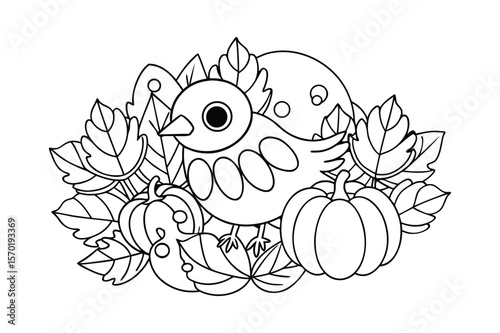 A bird near a pumpkin patch and autumn leaves for kids coloring book vector illustration.
