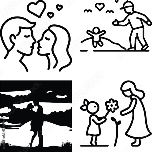 Vector illustration of a collection of vector icons depicting love, family, and relationships isolated on white background