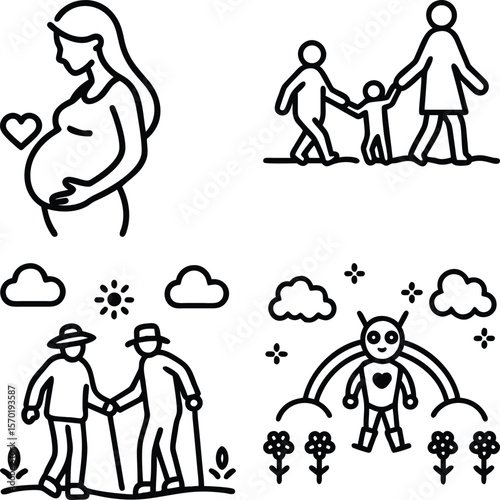 Vector illustration of illustrations depict stages of life, from pregnancy to family, old age, and artificial intelligence isolated on w