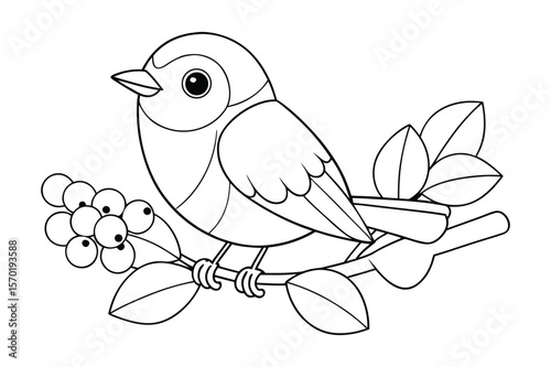 A cartoon robin on a berry branch for kids coloring book vector illustration.