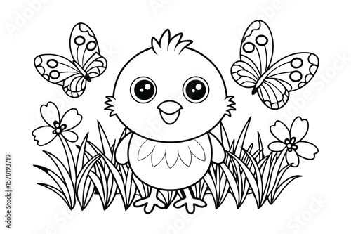 A chick surrounded by butterflies and grass for kids coloring book vector illustration.
