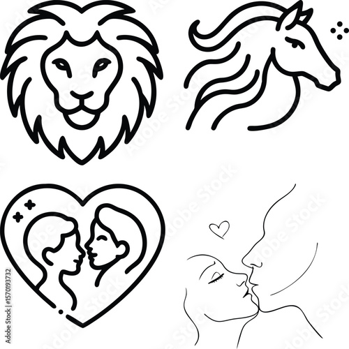 Vector illustration of lion, horse, and couples are isolated on white background