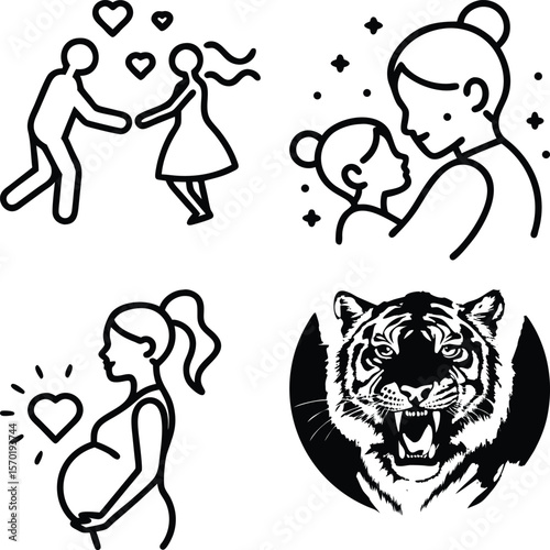 Vector illustration of illustrations of love, family, pregnancy, and a tiger isolated on white background