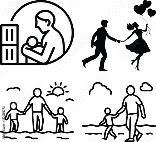 Vector illustration of family life moments depicted in simple line art isolated on white background