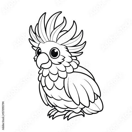 A cockatoo with fluffy crest sitting calmly for kids coloring book vector illustration.