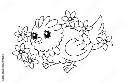 A fluffy bird playing with cherry blossoms falling for kids coloring book vector illustration.