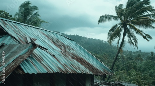 Damaged roof during a tropical storm