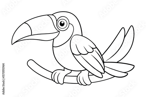 A happy toucan with a big beak on a branch for kids coloring book vector illustration.