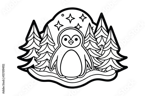 A penguin under northern lights and trees for kids coloring book vector illustration.