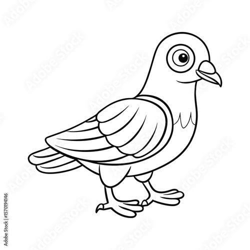 A pigeon walking with tilted head for kids coloring book vector illustration.