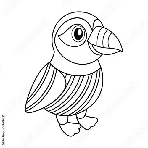 A puffin with large eyes and striped beak for kids coloring book vector illustration.
