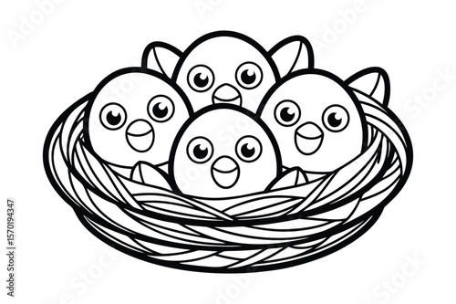 A small bird nest with chirping babies inside for kids coloring book vector illustration.