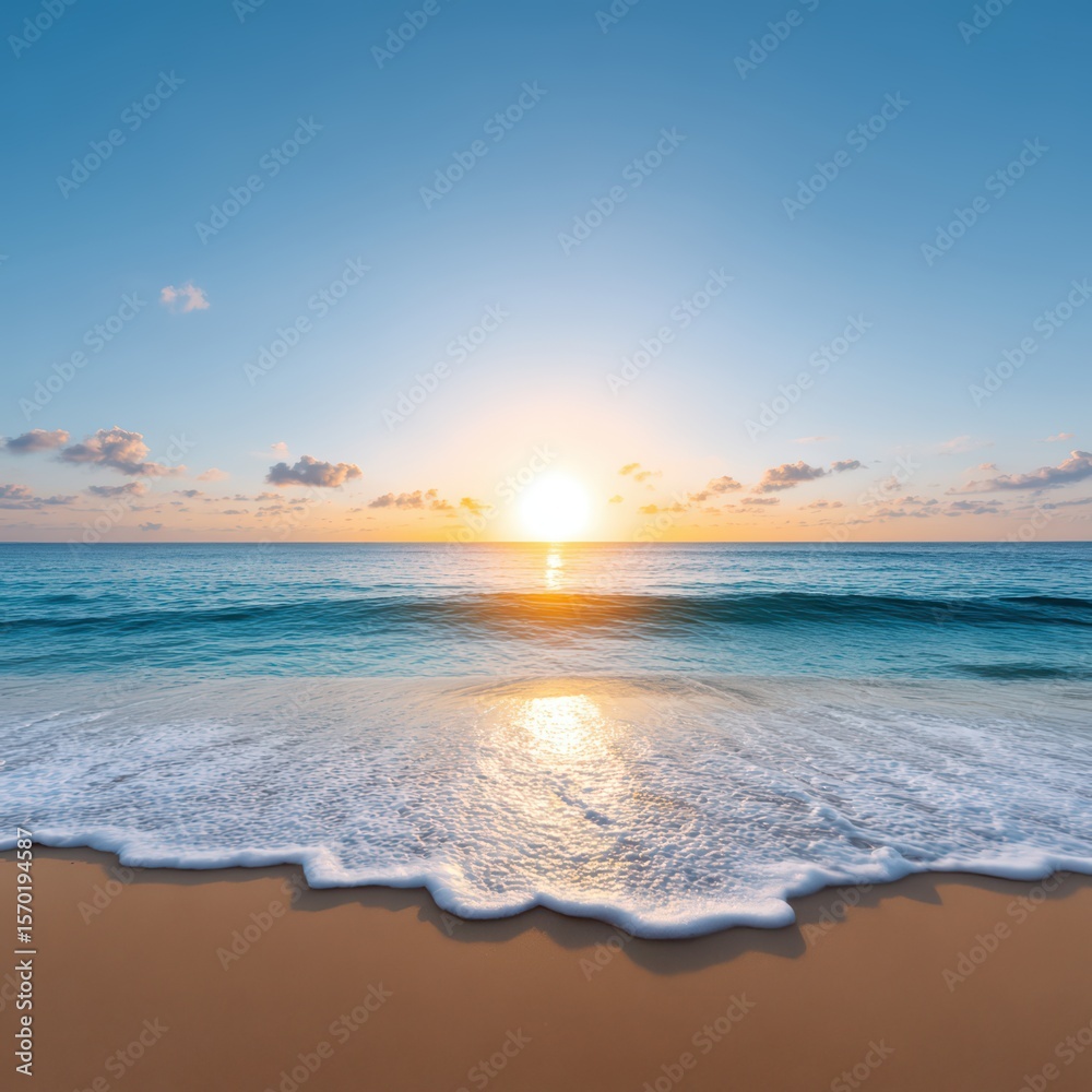 Serene Sunrise Over Calm Ocean Waves with Gentle Shoreline Reflections and Soft Sand Beach Serene Sunrise Over Calm Ocean Waves with Gentle Shoreline Reflections and Soft Sand Beach