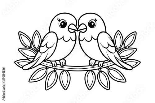 Two lovebirds sitting on a vine branch for kids coloring book vector illustration.