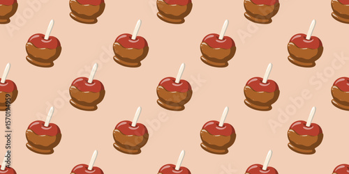 Seamless autumn pattern with caramel apples on beige background. Halloween treats print. Cartoon vector digitalpaper design 
