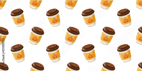 Seamless fall pattern with pumpkin latte cups on white background. Cartoon vector digitalpaper design 