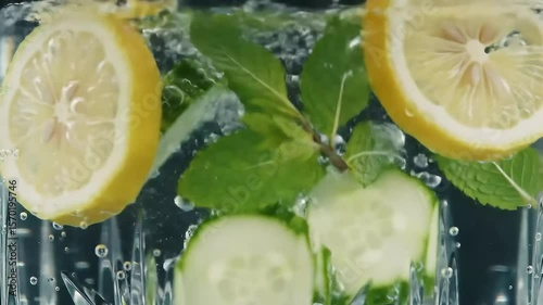 Slow Motion of Lemon, Cucumber, and Mint Falling into Sparkling Water with Splash