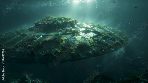 Alien craft lies on seafloor, silent lights pulse around alien craft shell, divers watch secret alien craft mystery. Concept cosmic archaeology