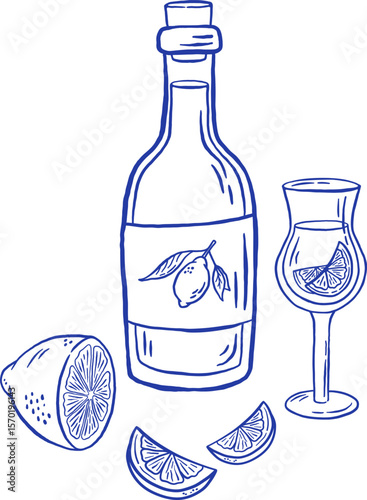 Hand draw limoncello liqueur vector illustration. Doodle Italian citrus drink with lemon.