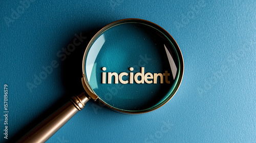 A precise incident investigation concept portrayed with a magnifying glass enlarging the word incident, symbolizing event analysis, risk assessment, and responsive action.
