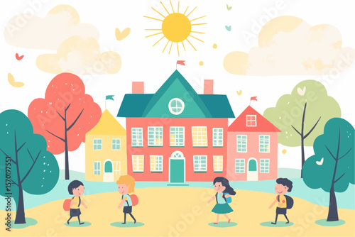 Cute flat cartoon school scene with joyful pupils, bright school building, trees and sun for nursery decor, packaging, celebration prints and back to school crafts
